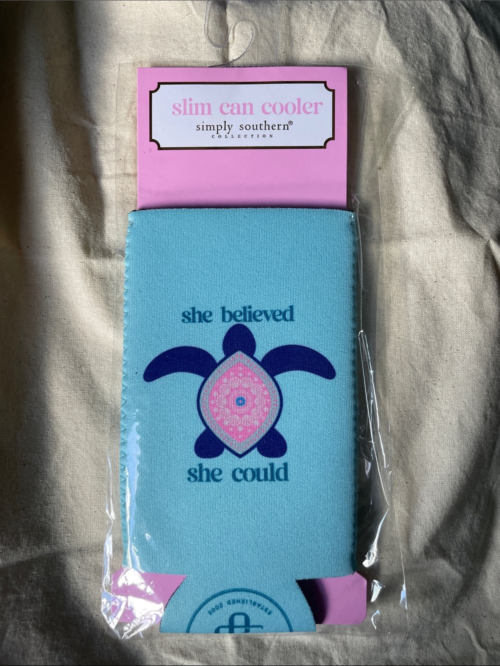 Simply Southern Light Blue Slim Can Cooler with Navy and Pink Turtle